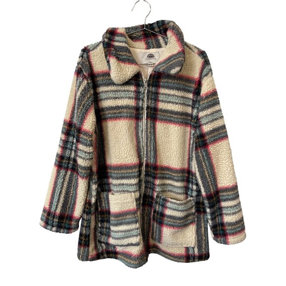 1 Sunset Lane Sherpa Jacket Size Large Plaid Full Zip Long Sleeve Cozy Outerwear - Picture 1 of 6